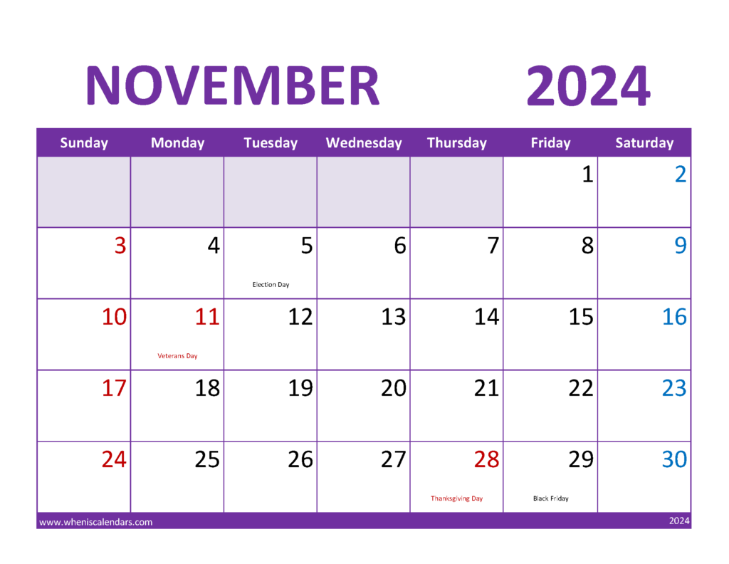 Download November 2024 Calendar Holidays list Letter Horizontal 114083
