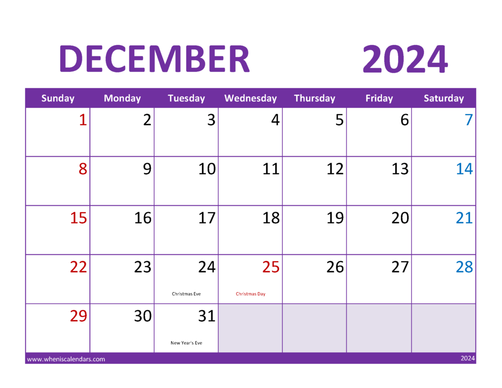 Download December 2024 Calendar Holidays list Letter Horizontal 124083