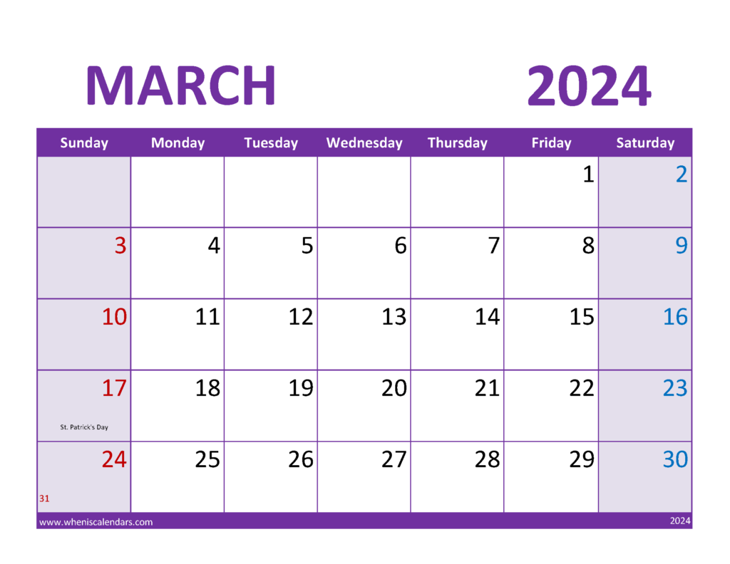 Download Printable March 2024 Calendar Free Letter Horizontal 34084