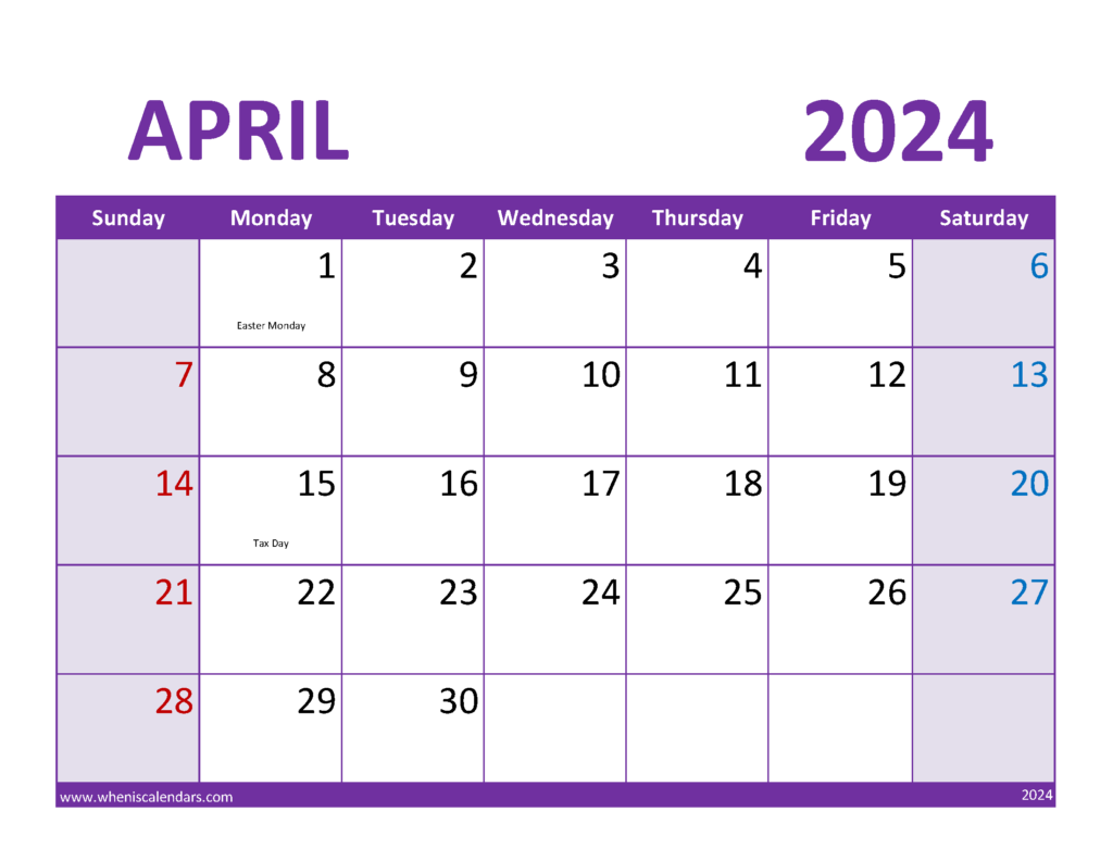 Download Printable April 2024 Calendar Free Letter Horizontal 44084