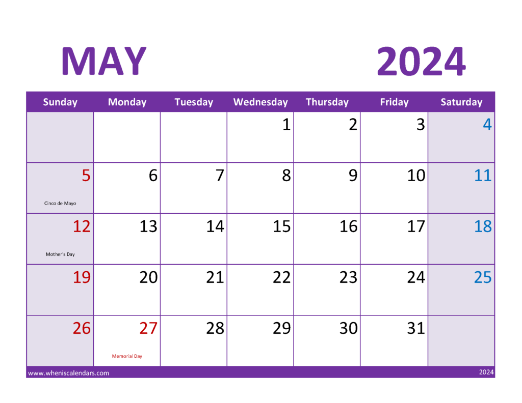Printable May 2024 Calendar Free M5084