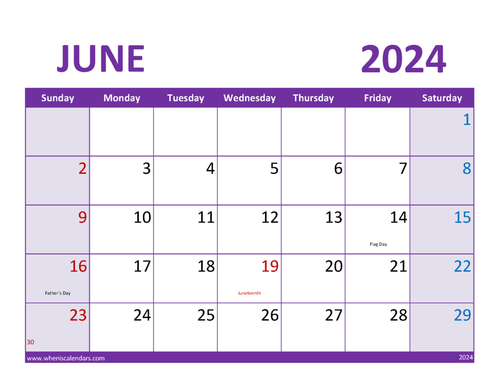Download Printable June 2024 Calendar Free Letter Horizontal 64084