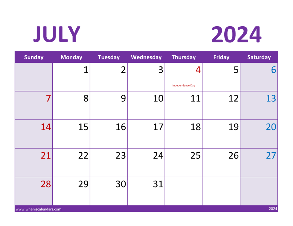 Download Printable July 2024 Calendar Free Letter Horizontal 74084
