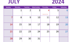 month of July 2024 Calendar Printable J7364