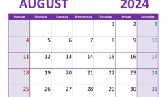 month of August 2024 Calendar Printable A8364