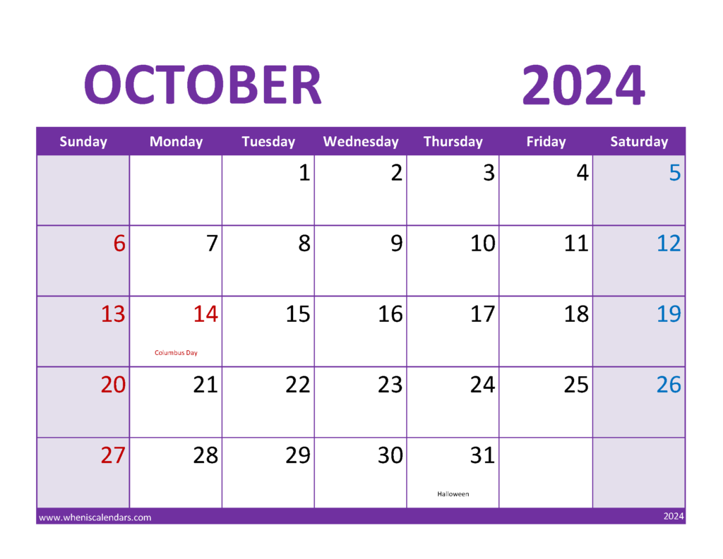 Download Printable October 2024 Calendar Free Letter Horizontal 104084