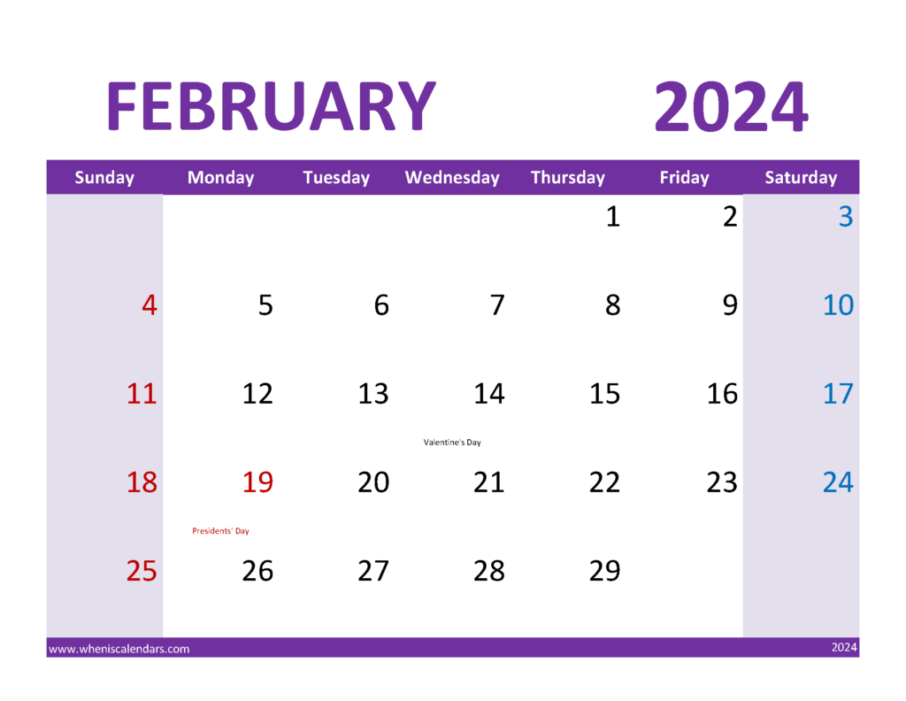 Download print February 2024 Calendar Free Letter Horizontal 24085
