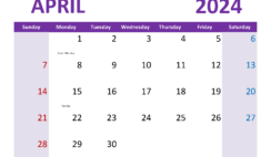 April 2024 Calendar Printable with lines A4365