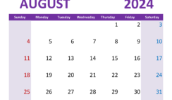 August 2024 Calendar Printable with lines A8365