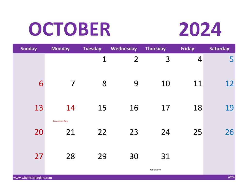Download print October 2024 Calendar Free Letter Horizontal 104085