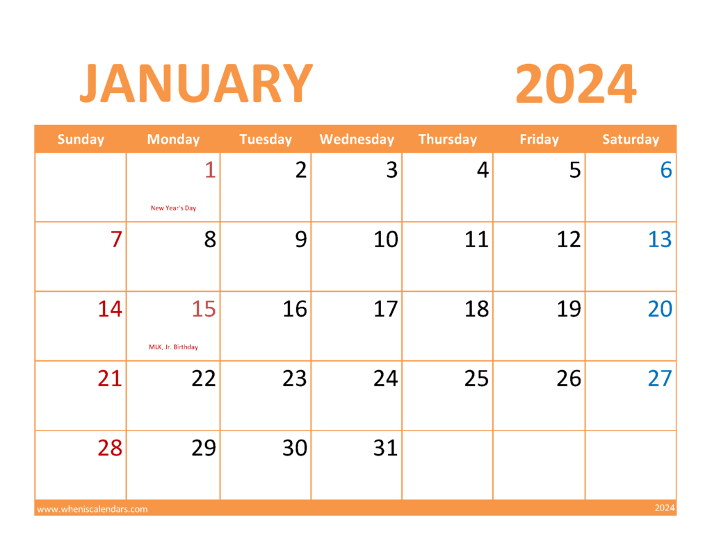 Download January editable Calendar 2024 Letter Horizontal J4086