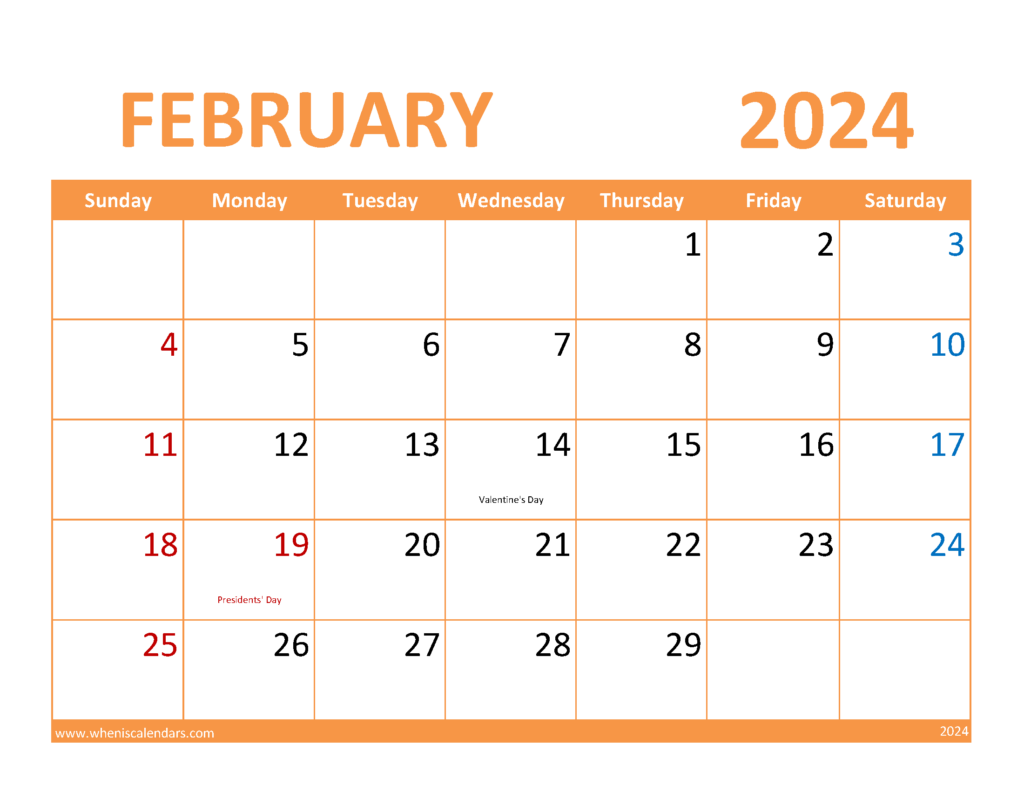 Download February editable Calendar 2024 Letter Horizontal 24086