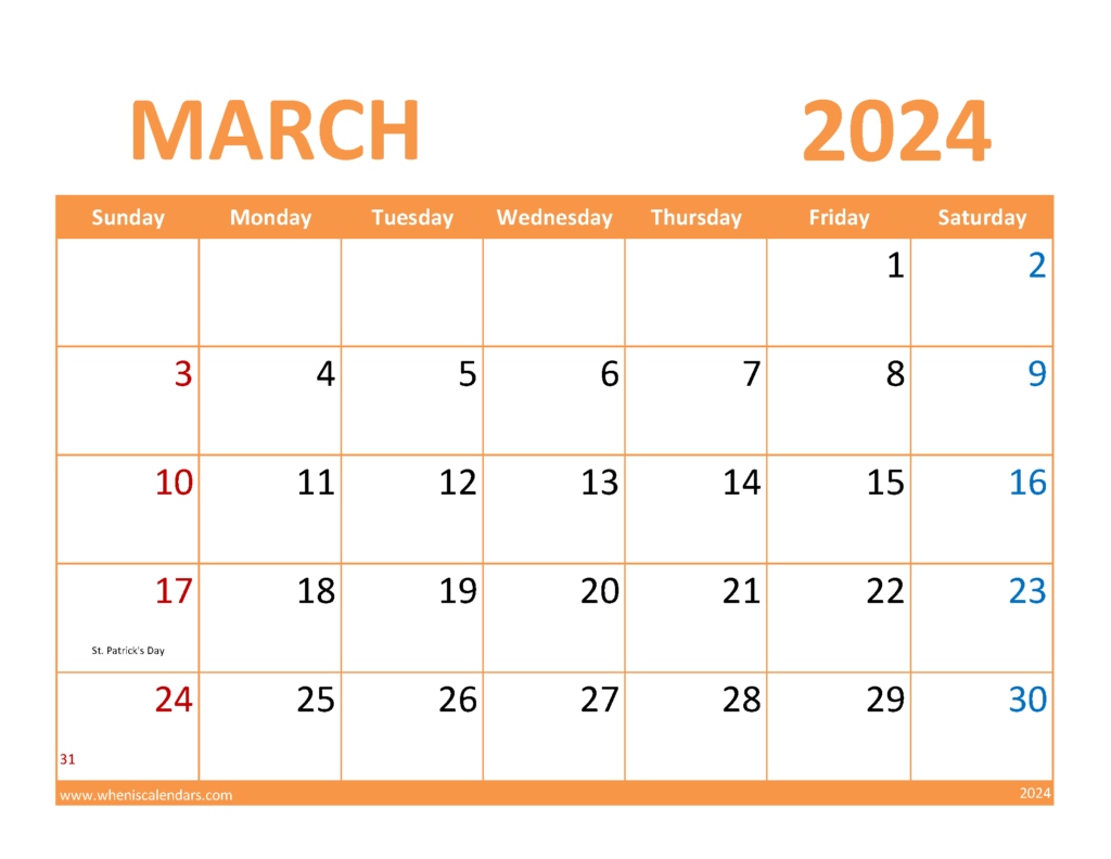 Download March editable Calendar 2024 Letter Horizontal 34086