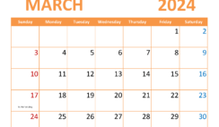 March Blank Calendar 2024 Printable M3366