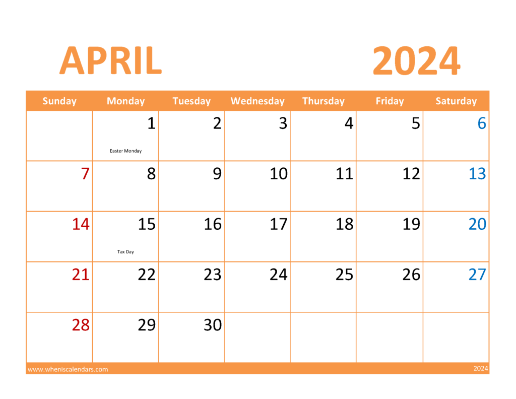 Download April editable Calendar 2024 Letter Horizontal 44086