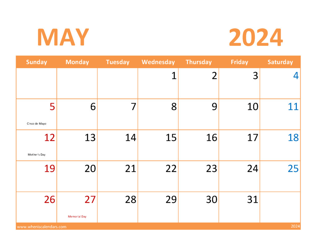 Download May editable Calendar 2024 Letter Horizontal 54086