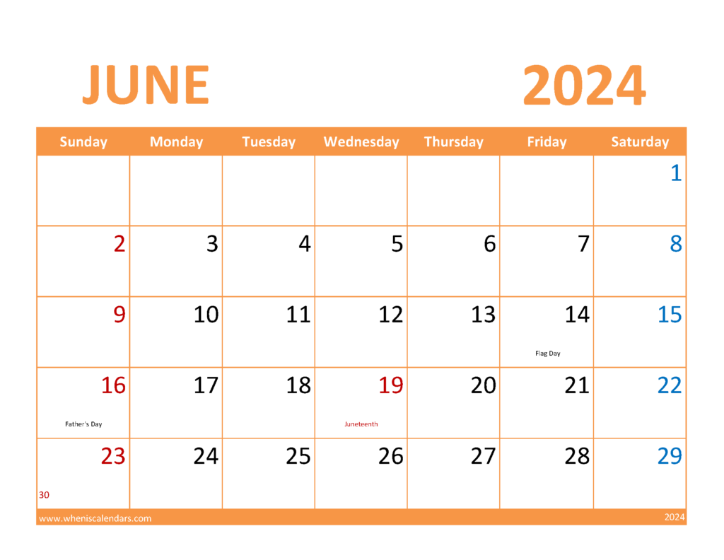 Download June editable Calendar 2024 Letter Horizontal 64086