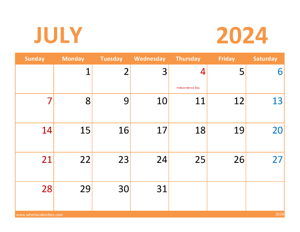 Download July editable Calendar 2024 Letter Horizontal 74086