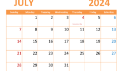 July Blank Calendar 2024 Printable J7366