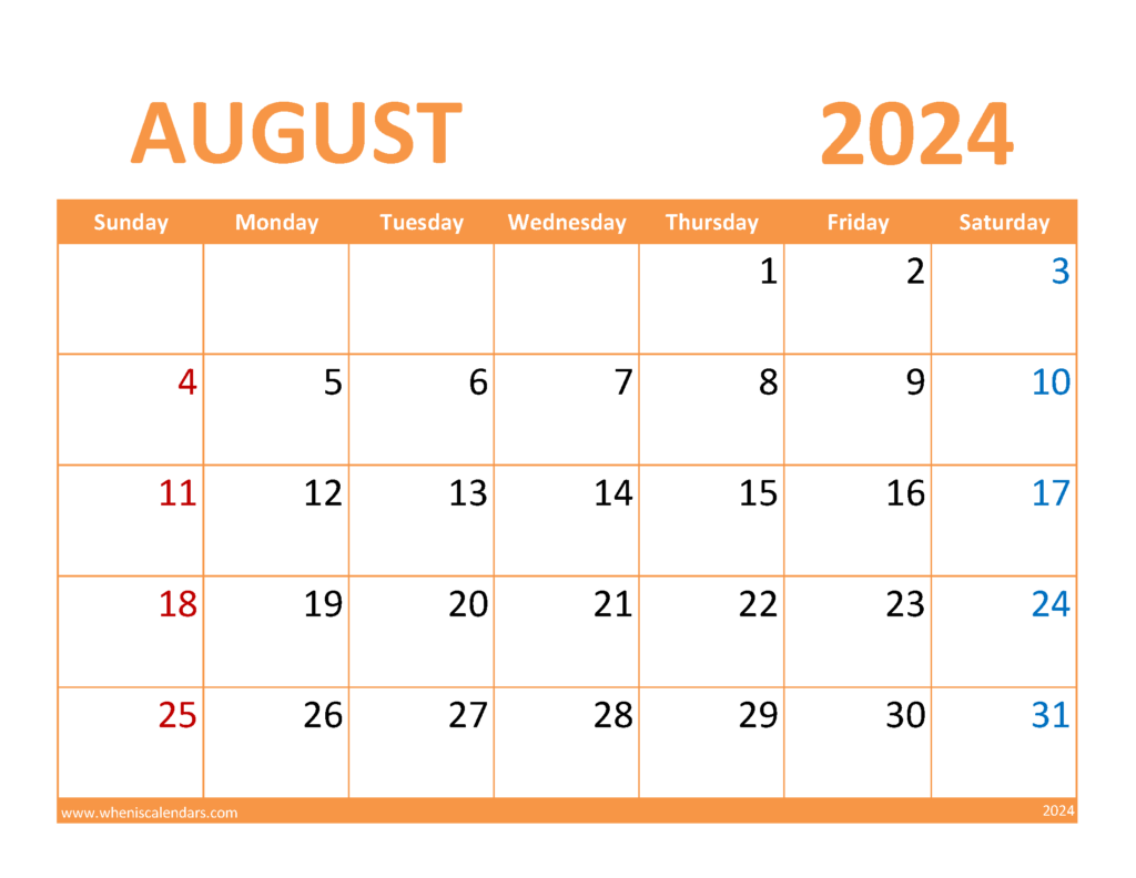 Download August editable Calendar 2024 Letter Horizontal 84086