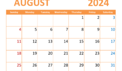 August Blank Calendar 2024 Printable A8366