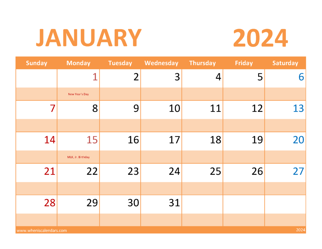 Download January Calendar 2024 Free Printable Letter Horizontal J4087