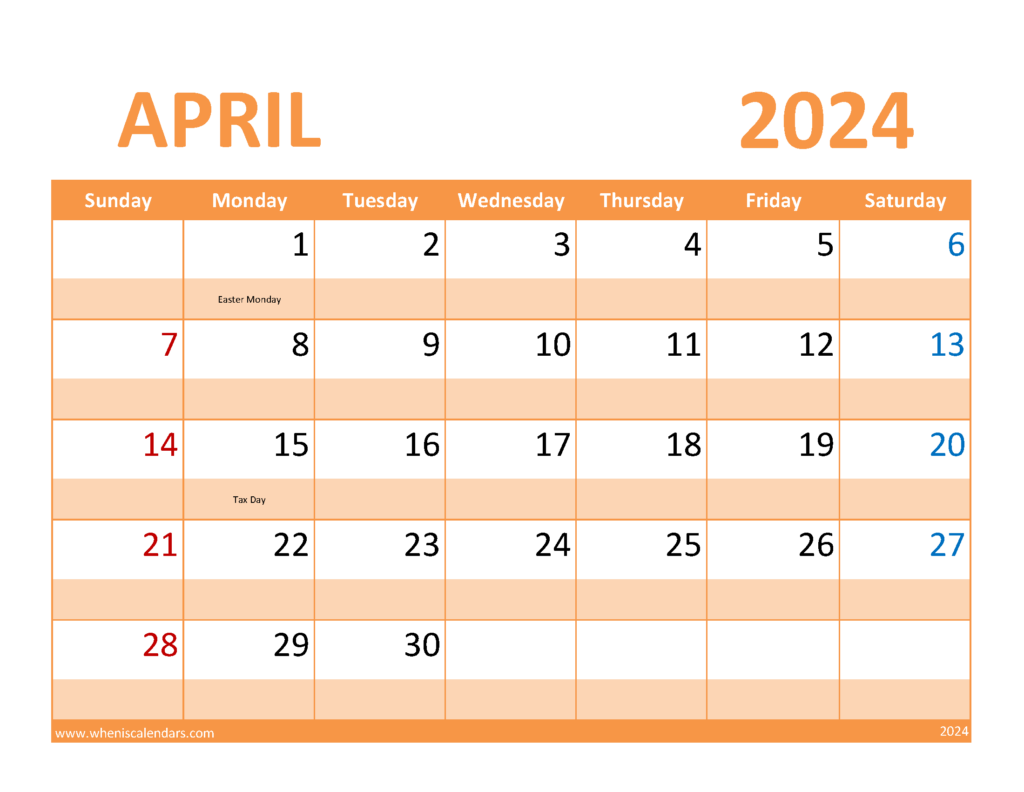 Download April Calendar 2024 Free Printable Letter Horizontal 44087