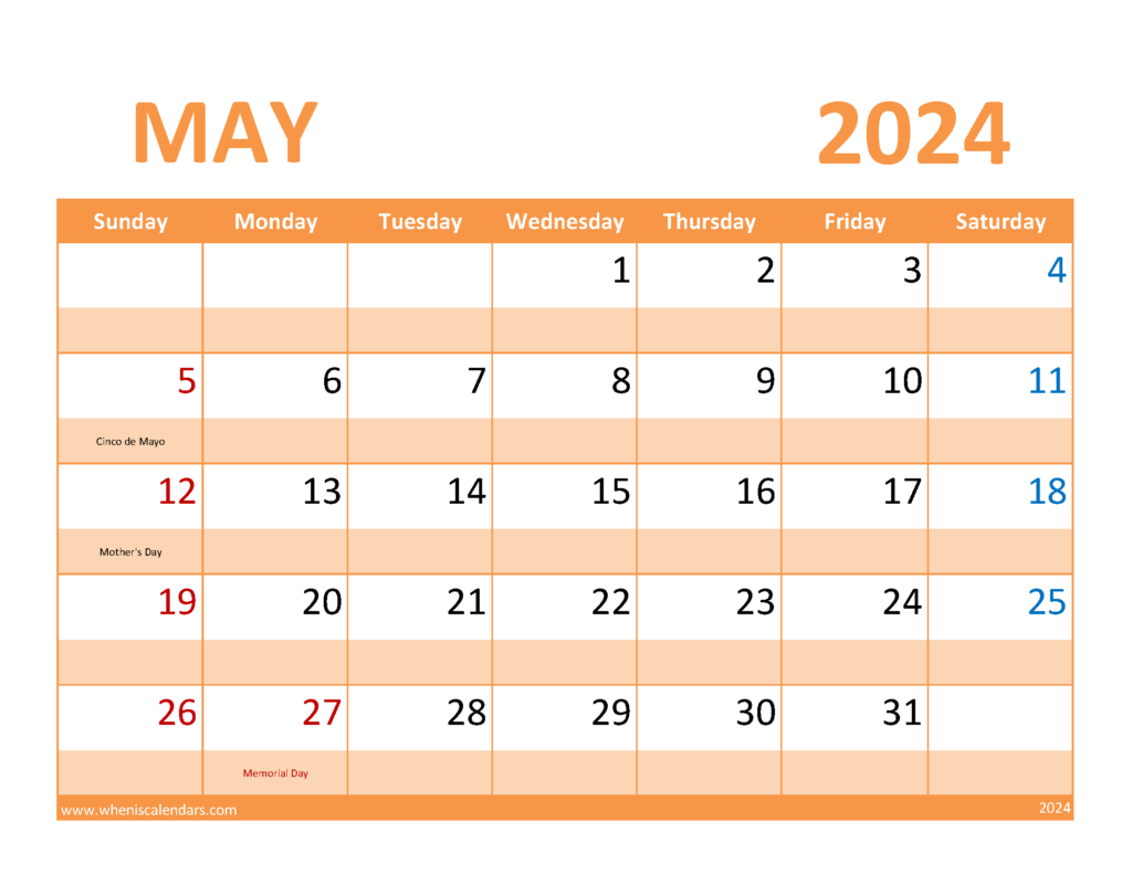 Download May Calendar 2024 Free Printable Letter Horizontal 54087