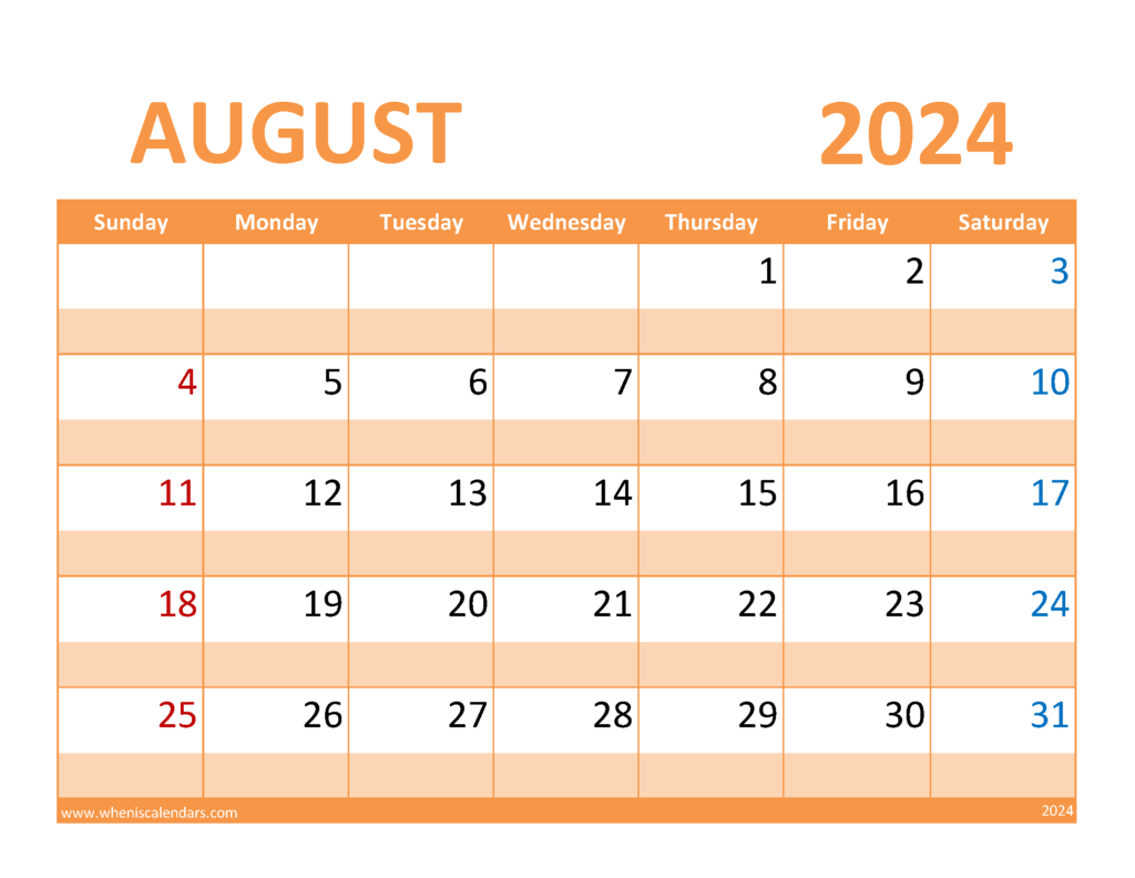 Download August Calendar 2024 Free Printable Letter Horizontal 84087