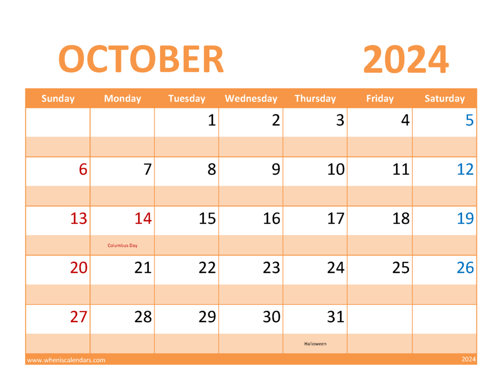 Download October Calendar 2024 Free Printable Letter Horizontal 104087