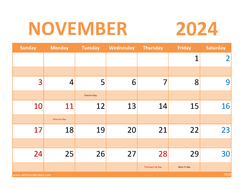 Download November Calendar 2024 Free Printable Letter Horizontal 114087