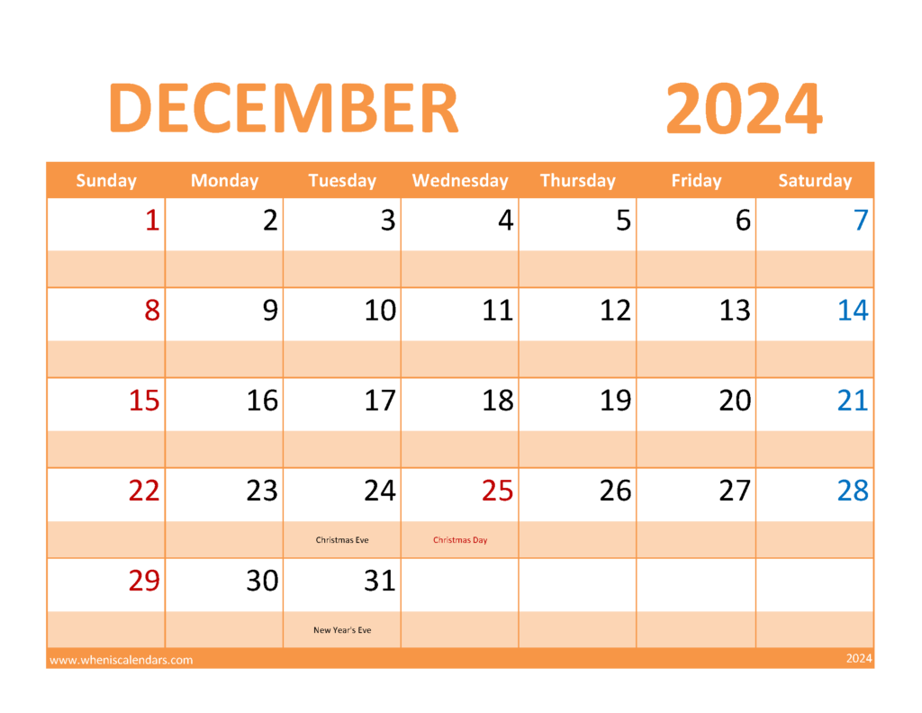 Download December Calendar 2024 Free Printable Letter Horizontal 124087