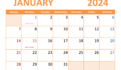 Download January Calendar with Holidays 2024 Letter Horizontal J4088