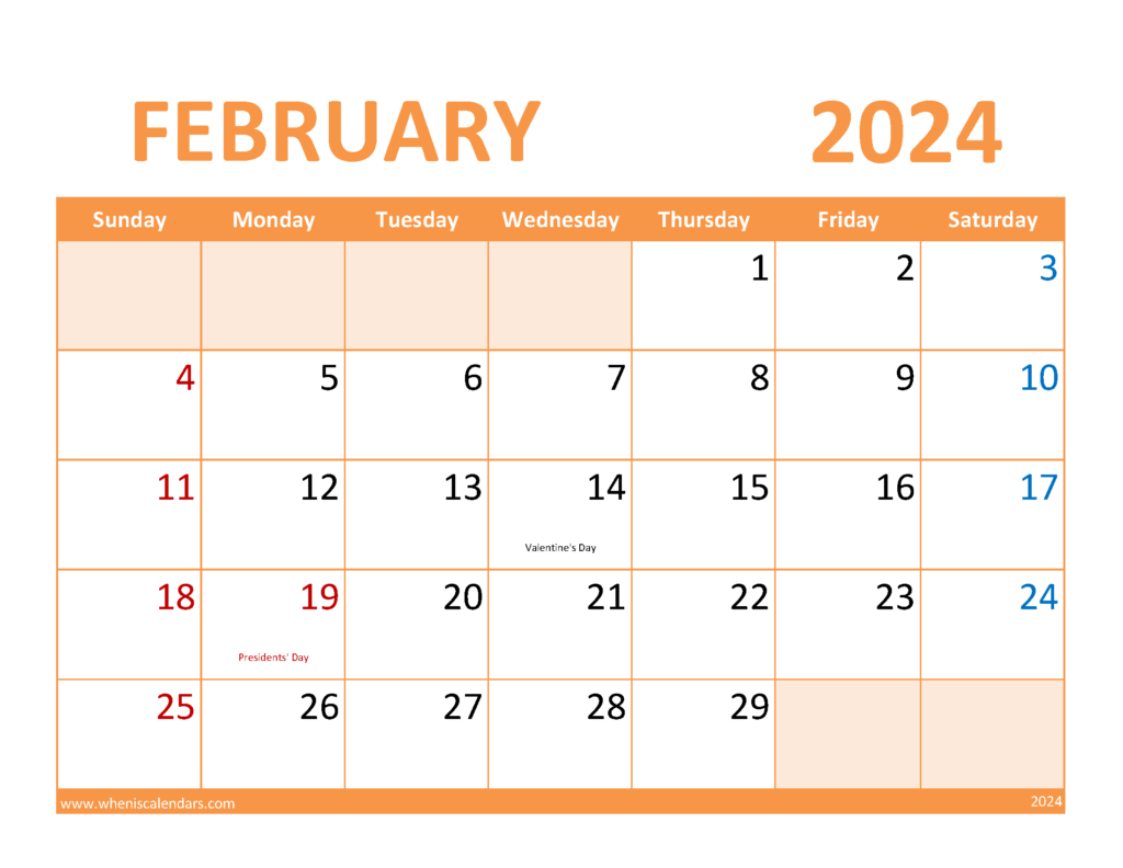 Download February Calendar with Holidays 2024 Letter Horizontal 24088
