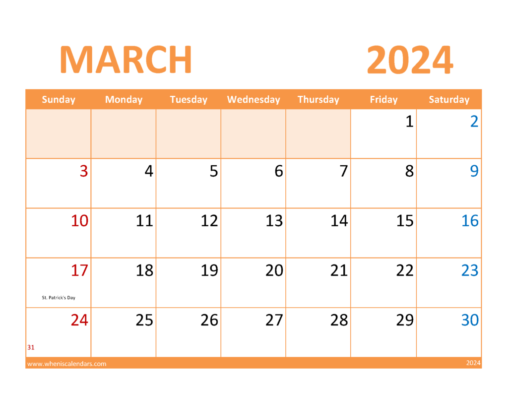 Download March Calendar with Holidays 2024 Letter Horizontal 34088