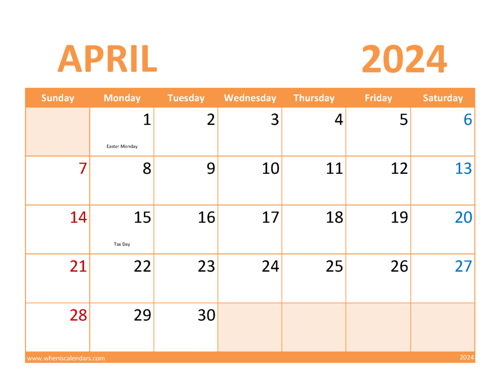 Download April Calendar with Holidays 2024 Letter Horizontal 44088