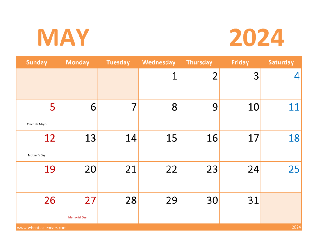 Download May Calendar with Holidays 2024 Letter Horizontal 54088