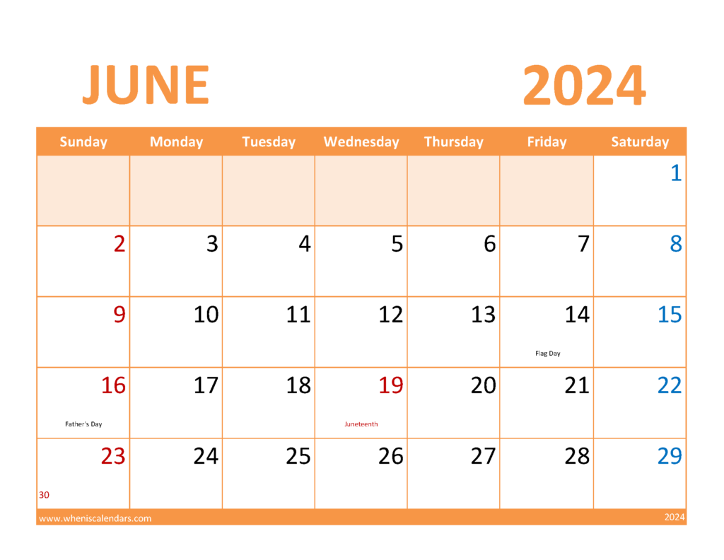 Download June Calendar with Holidays 2024 Letter Horizontal 64088