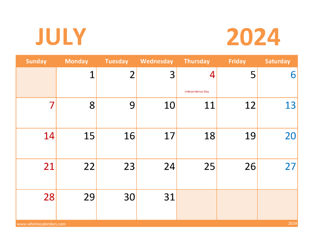 Download July Calendar with Holidays 2024 Letter Horizontal 74088