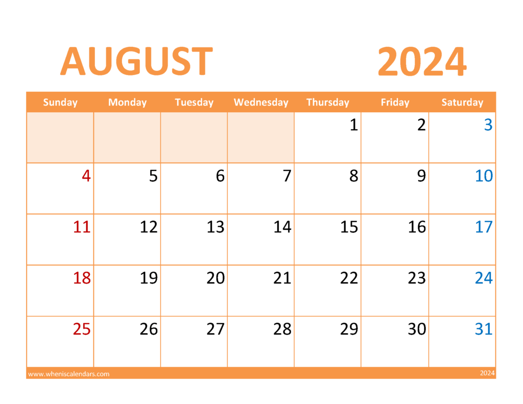 Download August Calendar with Holidays 2024 Letter Horizontal 84088