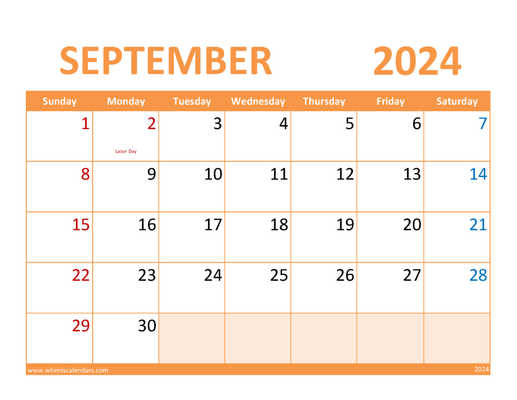 Download September Calendar with Holidays 2024 Letter Horizontal 94088