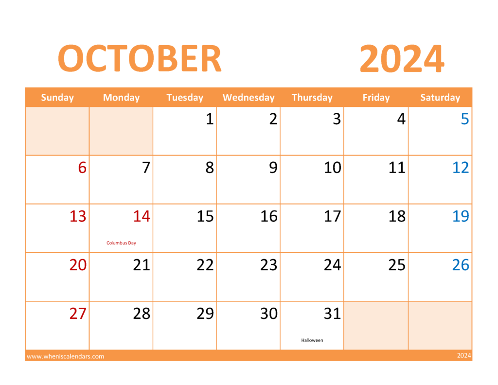 Download October Calendar with Holidays 2024 Letter Horizontal 104088