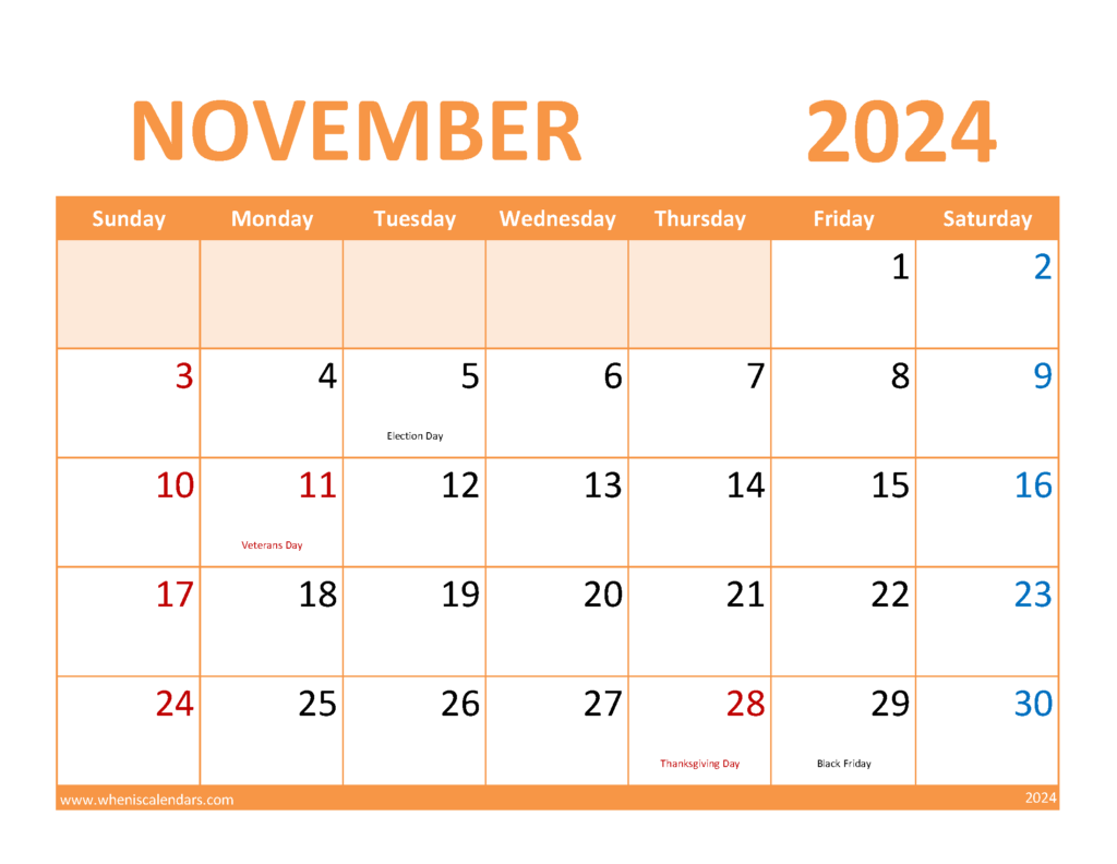 Download November Calendar with Holidays 2024 Letter Horizontal 114088