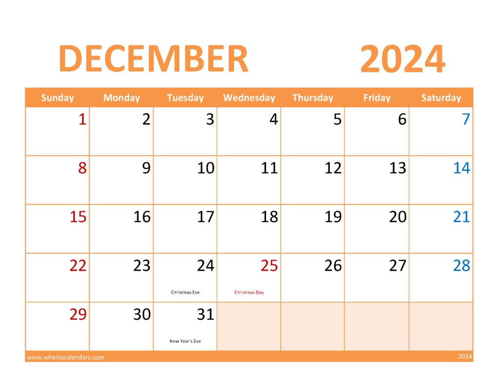 Download December Calendar with Holidays 2024 Letter Horizontal 124088