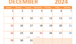 Printable December Monthly Calendar 2024 D1368