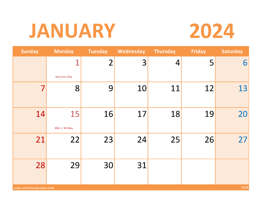 Download January 2024 Blank Printable Calendar Letter Horizontal J4089