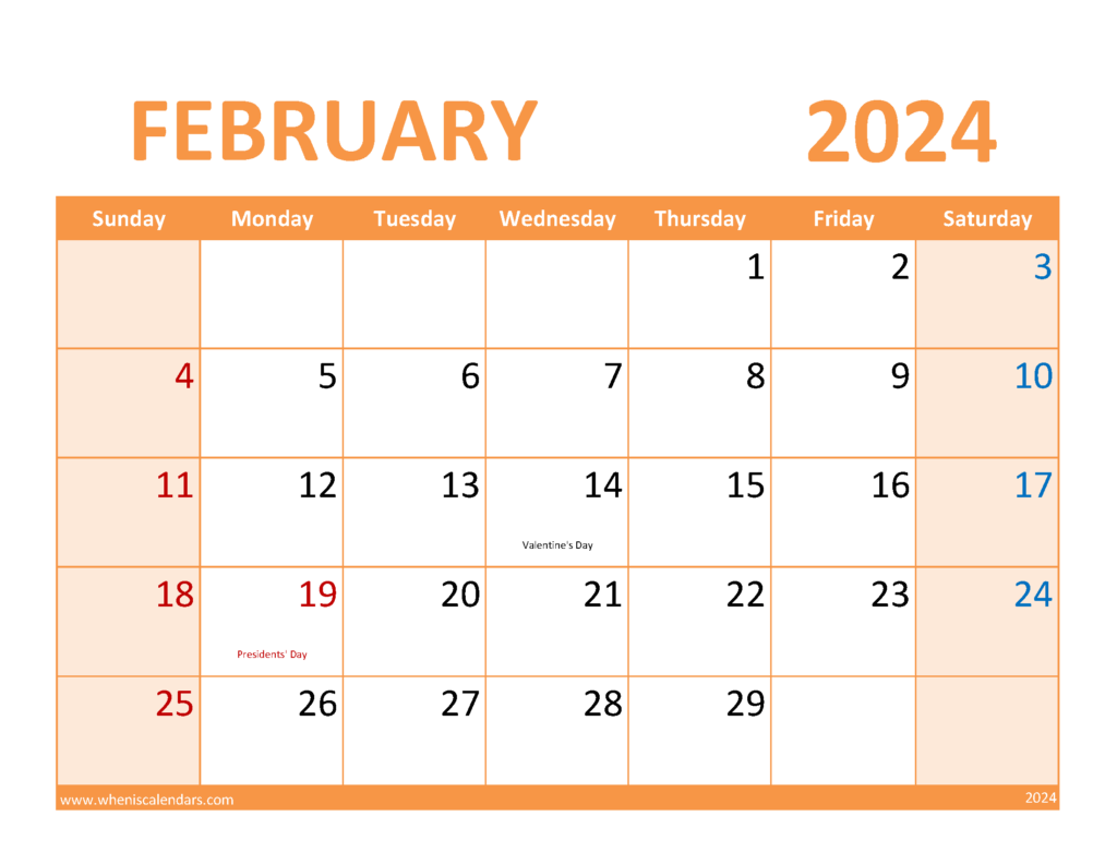 Download February 2024 Blank Printable Calendar Letter Horizontal 24089