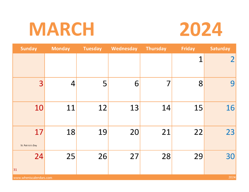Download March 2024 Blank Printable Calendar Letter Horizontal 34089