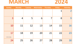 2024 Blank March Calendar to Print M3369