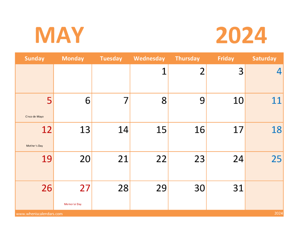Download May 2024 Blank Printable Calendar Letter Horizontal 54089